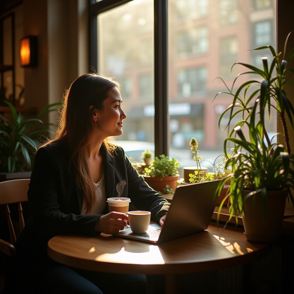 New writer looking thoughtfully at a blank page in a cozy cafe