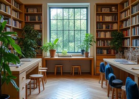 A warm, inviting creative writing studio interior with bookshelves