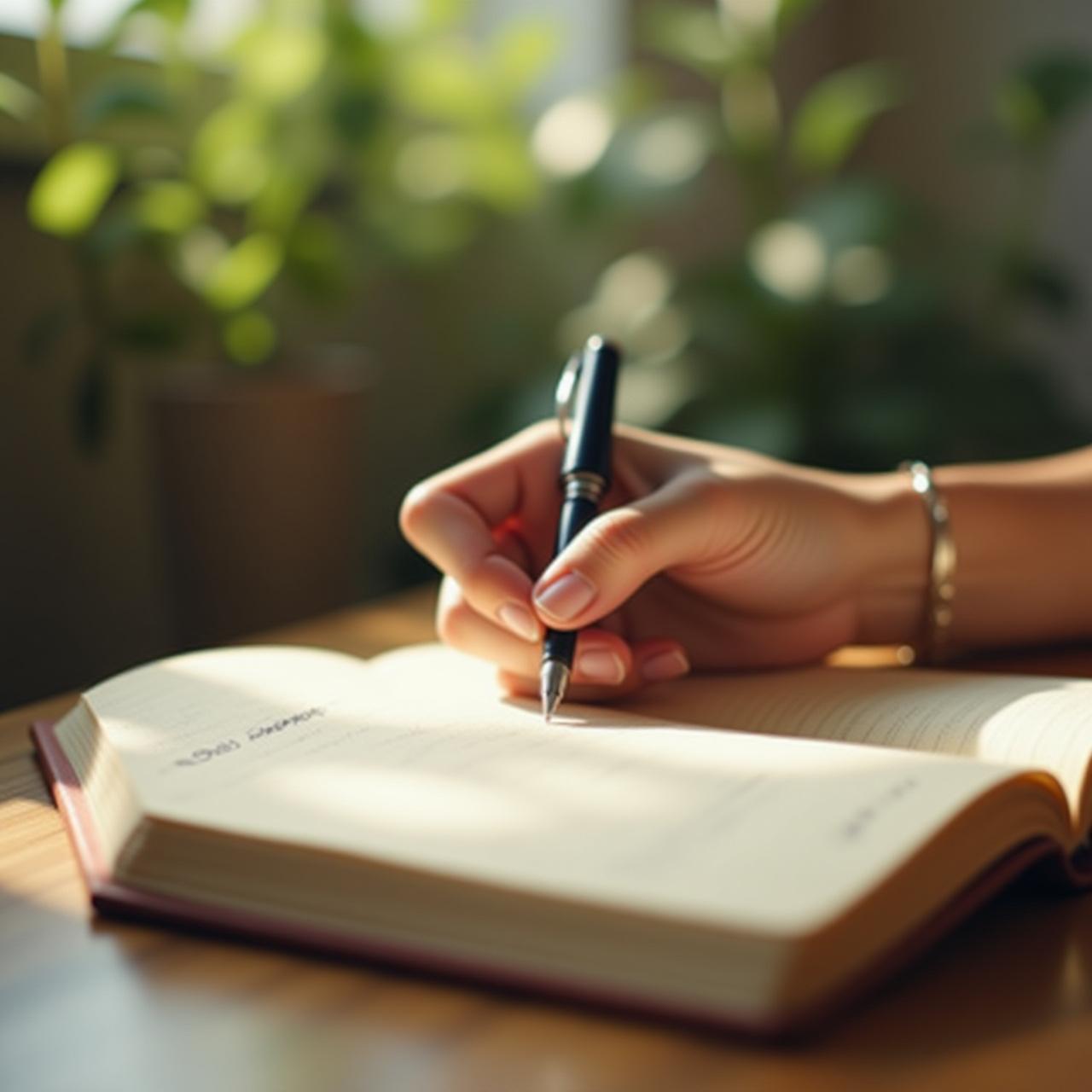 Close up of a hand writing in a journal in a sunlit studio