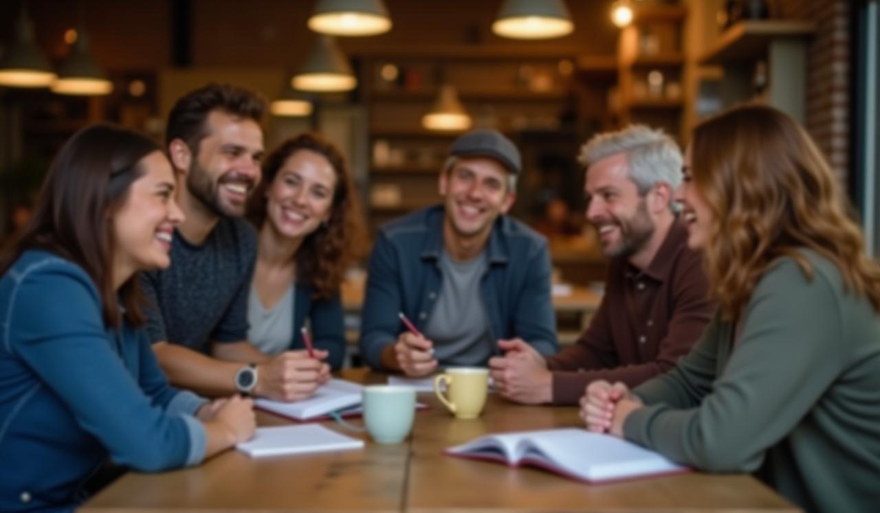 A small group of diverse writers discussing work over tea