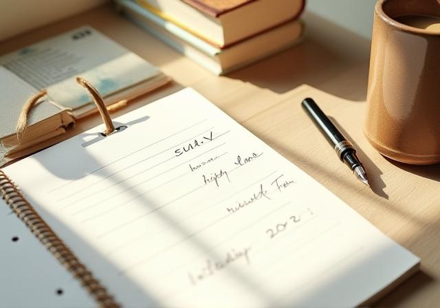 A cozy writing desk with a physical planner and morning light