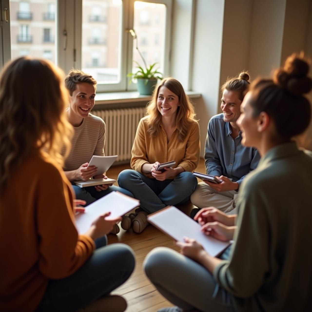 A small group of diverse writers sharing notes in a sunlit Brooklyn studio