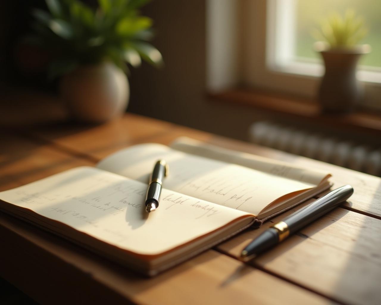 Softly lit wooden desk with an open notebook and a classic pen