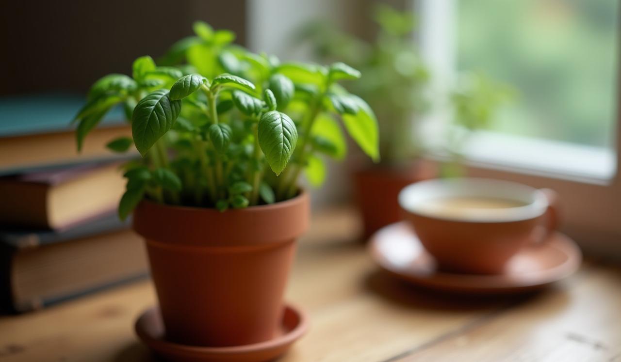 Sprouts in a small pot next to a notebook
