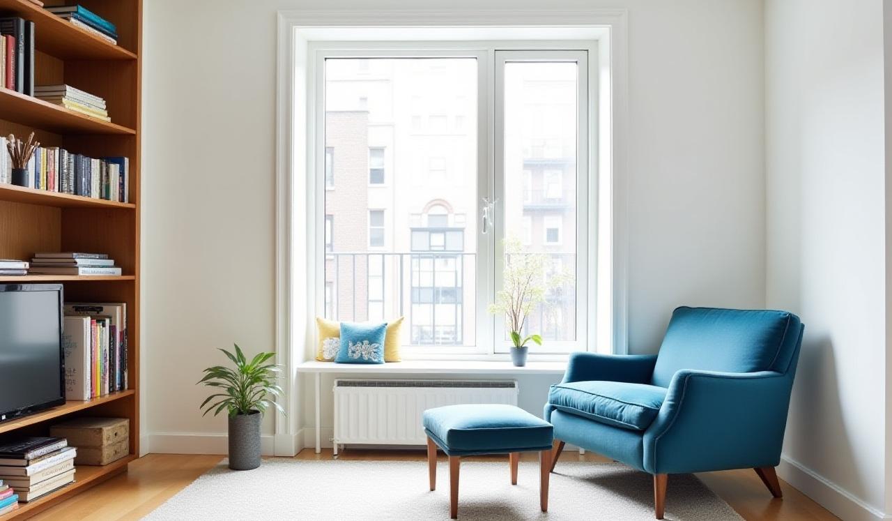 Interior of a cozy, sunlit writing studio in Brooklyn
