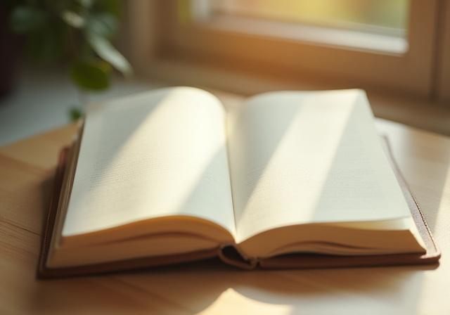 Soft light hitting an open journal on a wooden desk